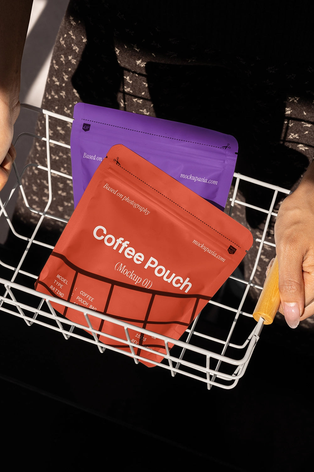 stand up coffee pouch mockup in wire basket with natural sunlight, realistic product presentation