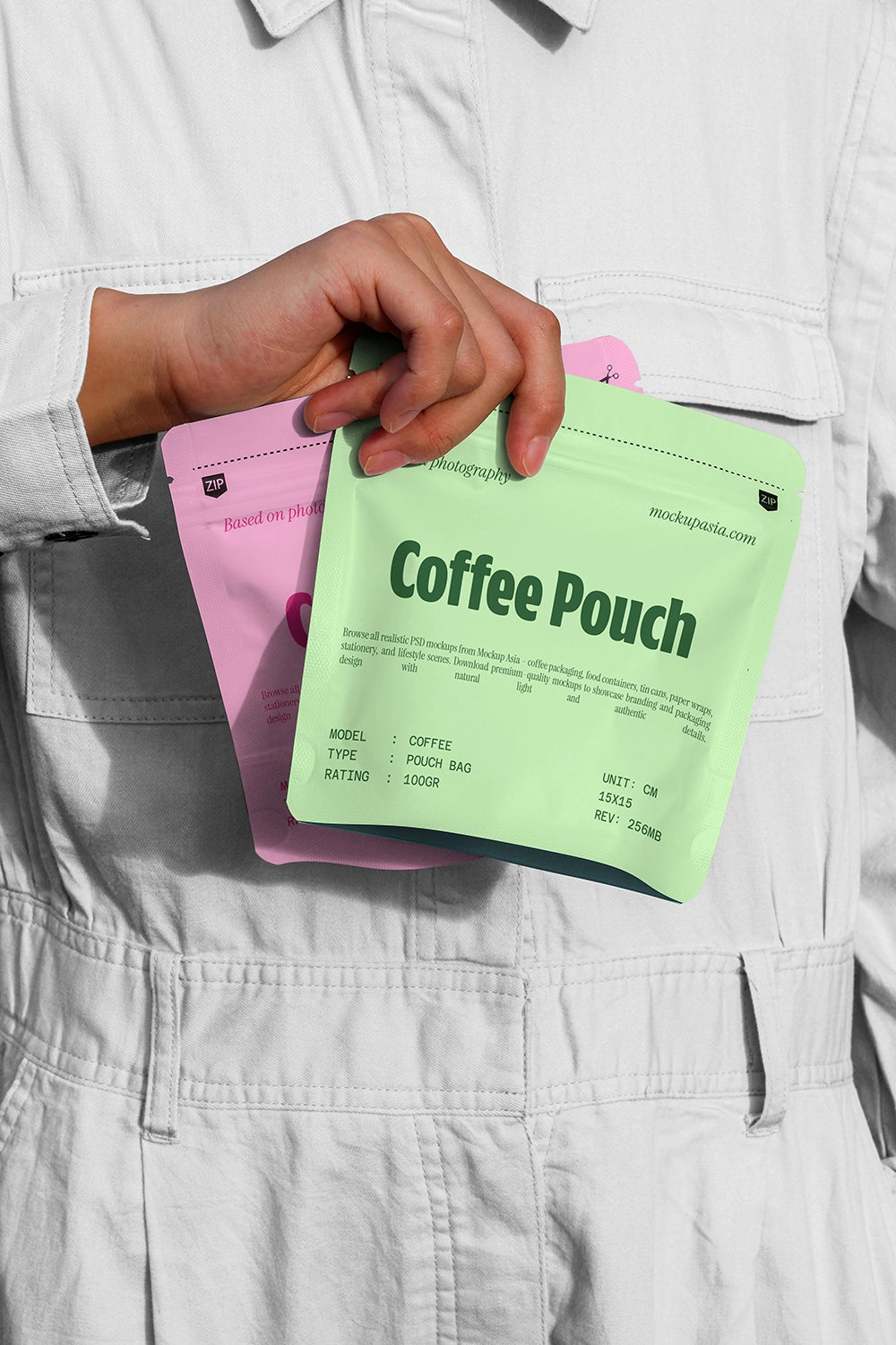 coffee pouch mockup set held in hand with colorful packaging, lifestyle branding presentation