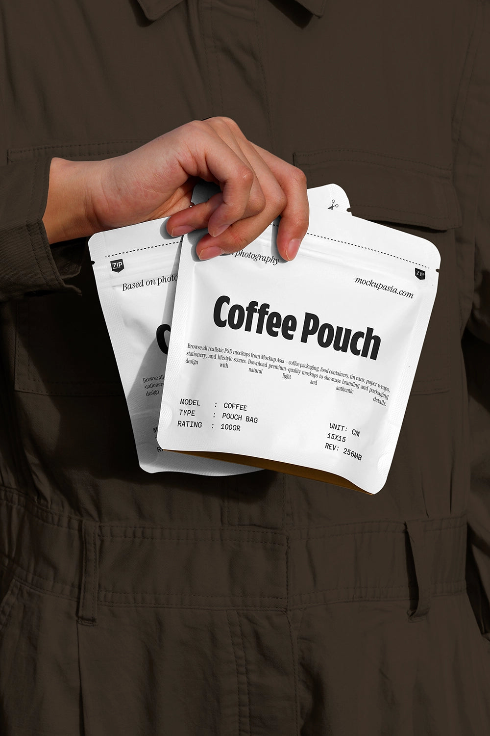 stand up coffee pouch mockup duo with green and pink bags, modern product display scene