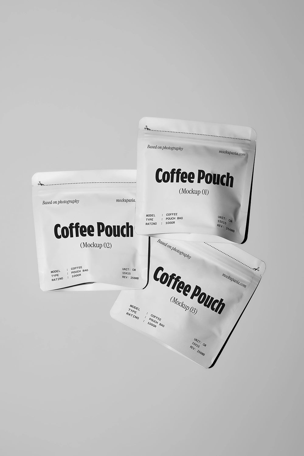 coffee pouch mockup set with three bags in flat lay, clean packaging presentation