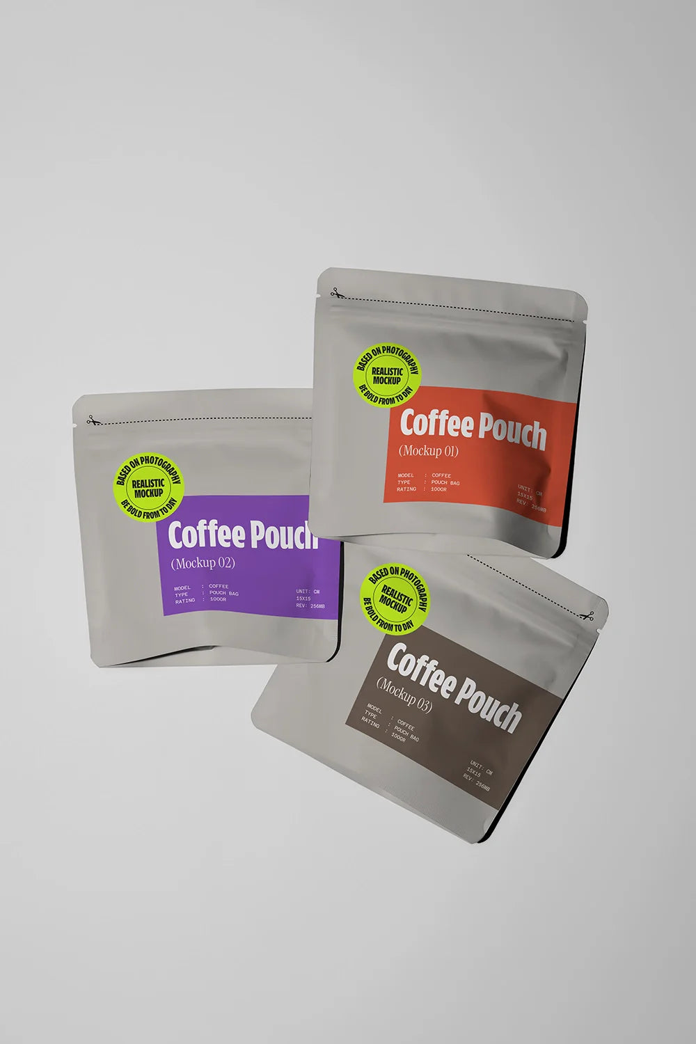 Minimal coffee pouch mockup showing multiple zip bags arranged in mid air