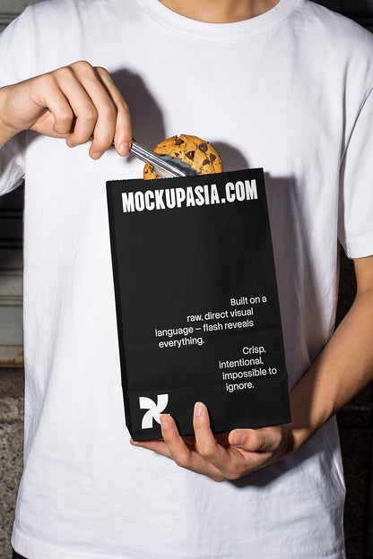 cookie bag mockup bakery packaging with high contrast flash lighting