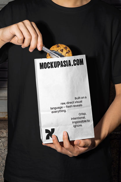 paper bag mockup with cookie and tongs in hand under direct flash shadows