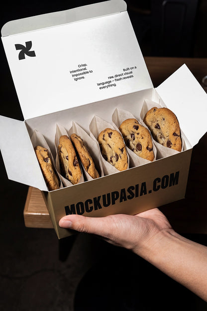Mockup of a cookie box mega pack by Mockup.Asia, showcasing a realistic cookie box design for branding or presentation use.