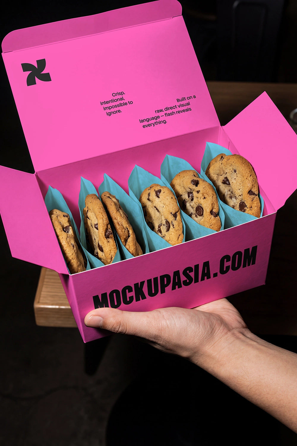 print board mockup with direct flash lighting in hospitality setting