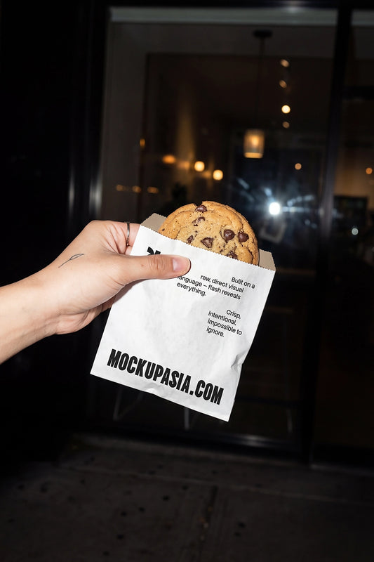 cookie bag mockup in hand night street bakery packaging with flash lighting