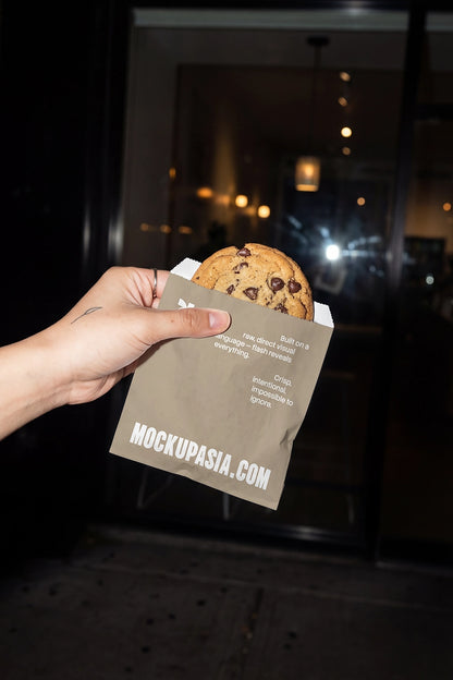 snack bag mockup with cookie takeaway under direct flash in urban setting
