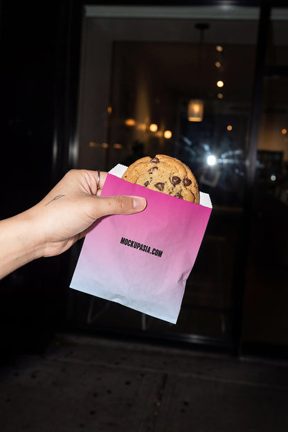 bakery packaging mockup with cookie and bold night lighting for branding