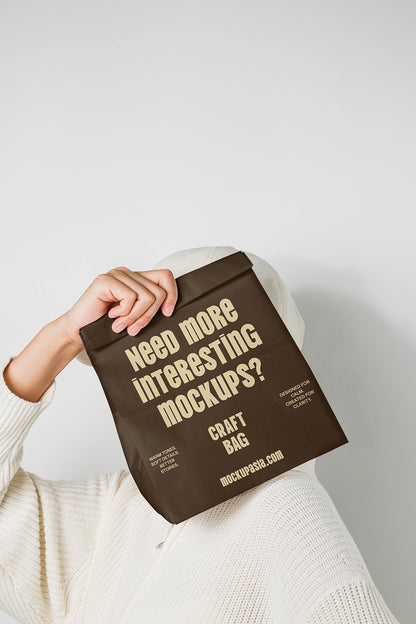 realistic kraft bag mockup with human interaction and modern typography layout