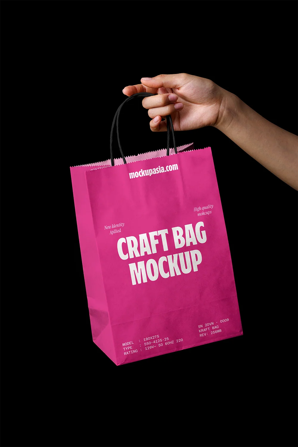 paper shopping bag mockup with minimal design, realistic hand holding and studio lighting