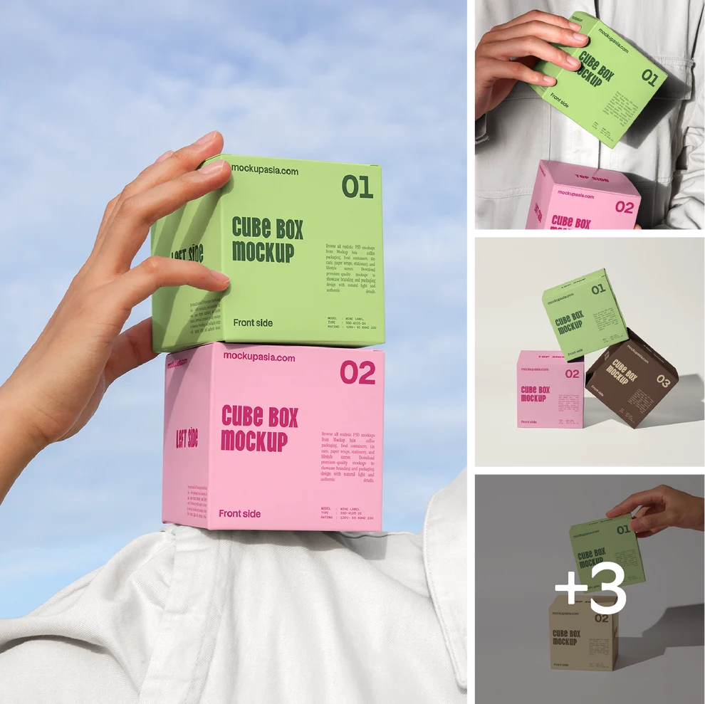 Mockup.Asia cube box bundle featuring multiple realistic 3D cube box mockup designs for branding and presentation.