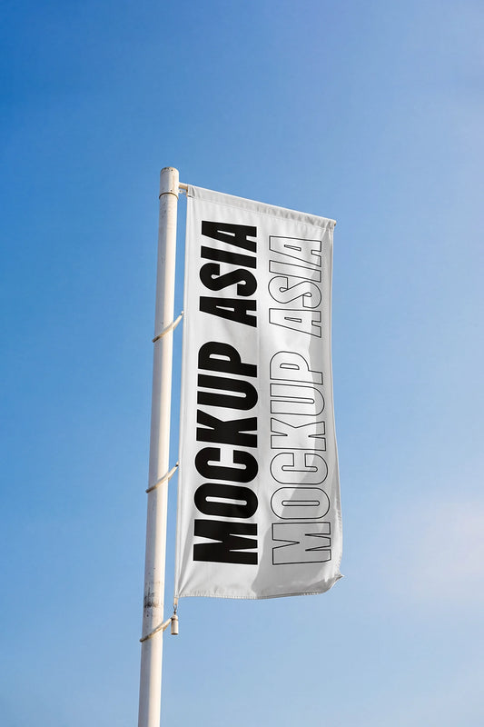 flag banner mockup on pole with realistic fabric movement and blue sky background