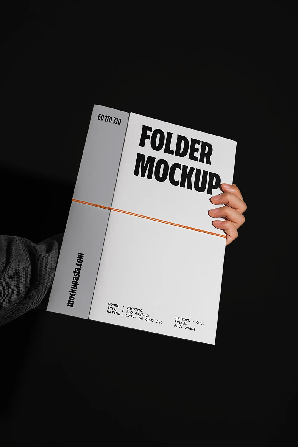 folder mockup held in hand on black background, clean corporate presentation