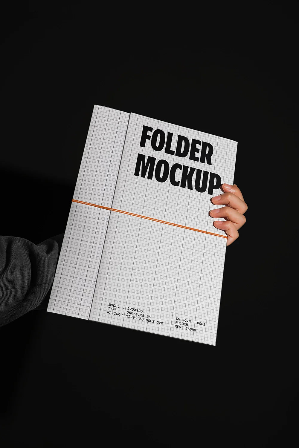 A4 folder mockup in hand with modern branding, high contrast black background