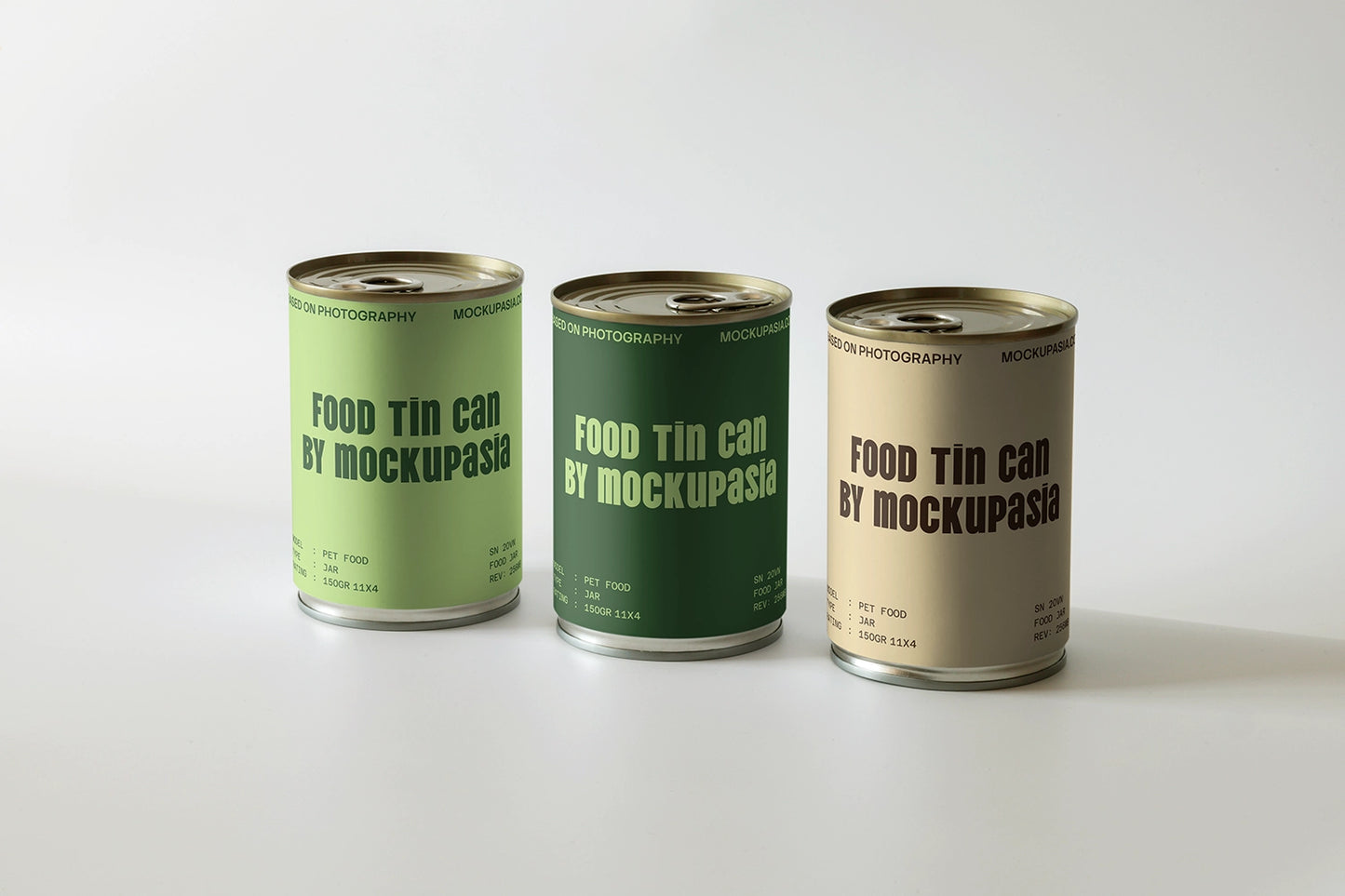 realistic canned food packaging mockup with multiple tins and minimal design
