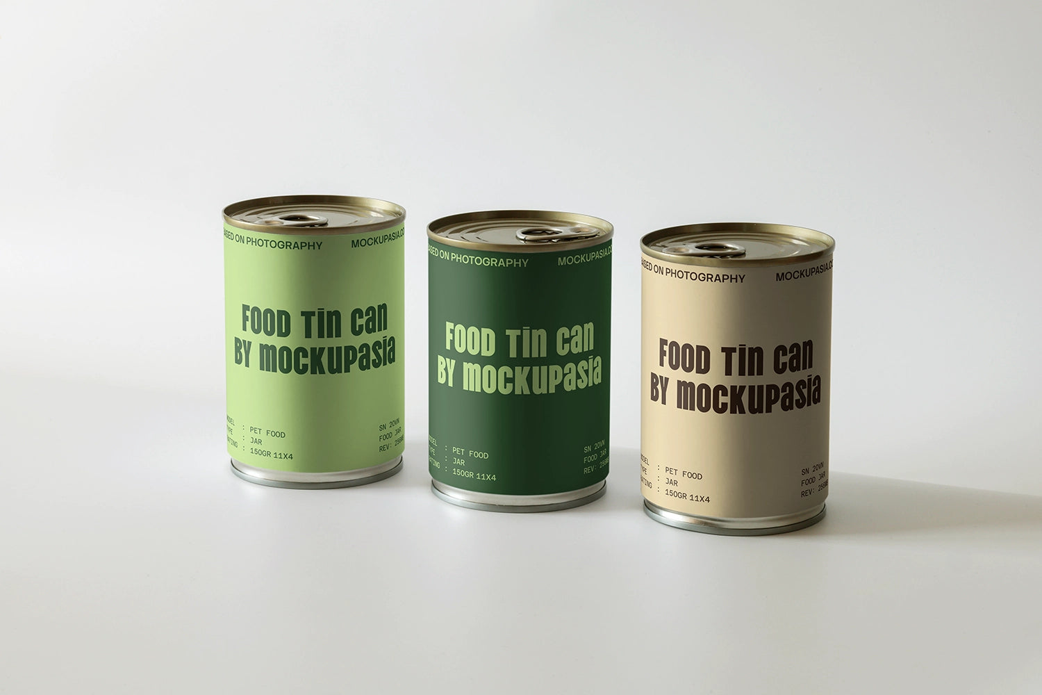realistic canned food packaging mockup with multiple tins and minimal design