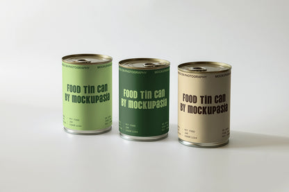 realistic canned food packaging mockup with multiple tins and minimal design
