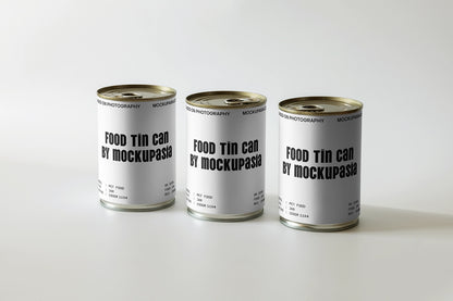 food tin can mockup set with three cans aligned on clean neutral background