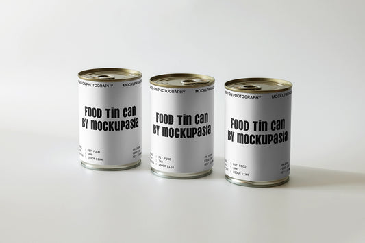 food tin can mockup set with three cans aligned on clean neutral background