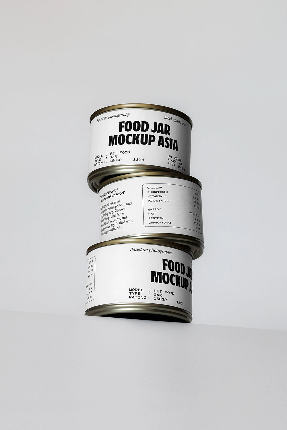 stacked food jar mockup with three metal cans and minimal clean background