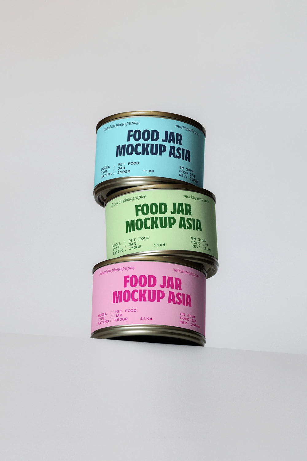 realistic canned food jar mockup tower with soft studio lighting and neutral setup