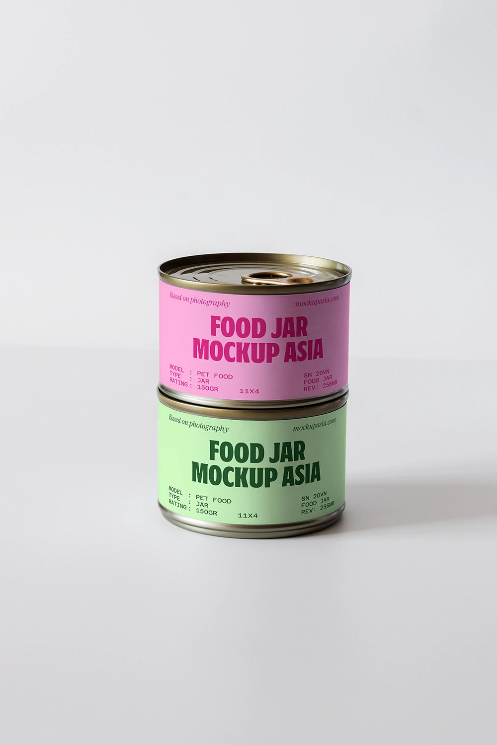 realistic canned food jar mockup with top and bottom view and soft studio lighting