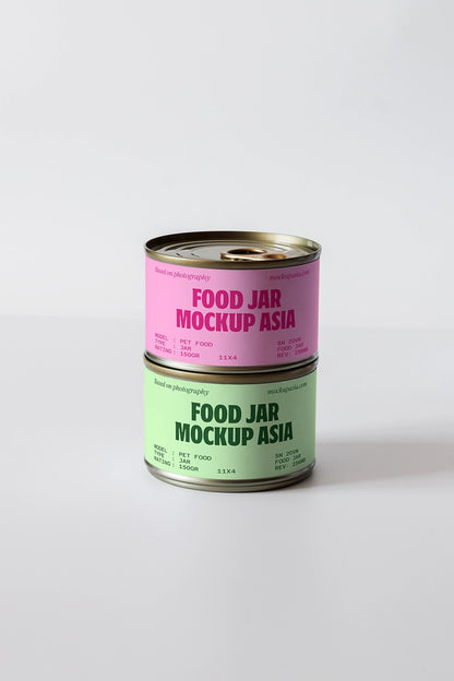 realistic canned food jar mockup with top and bottom view and soft studio lighting