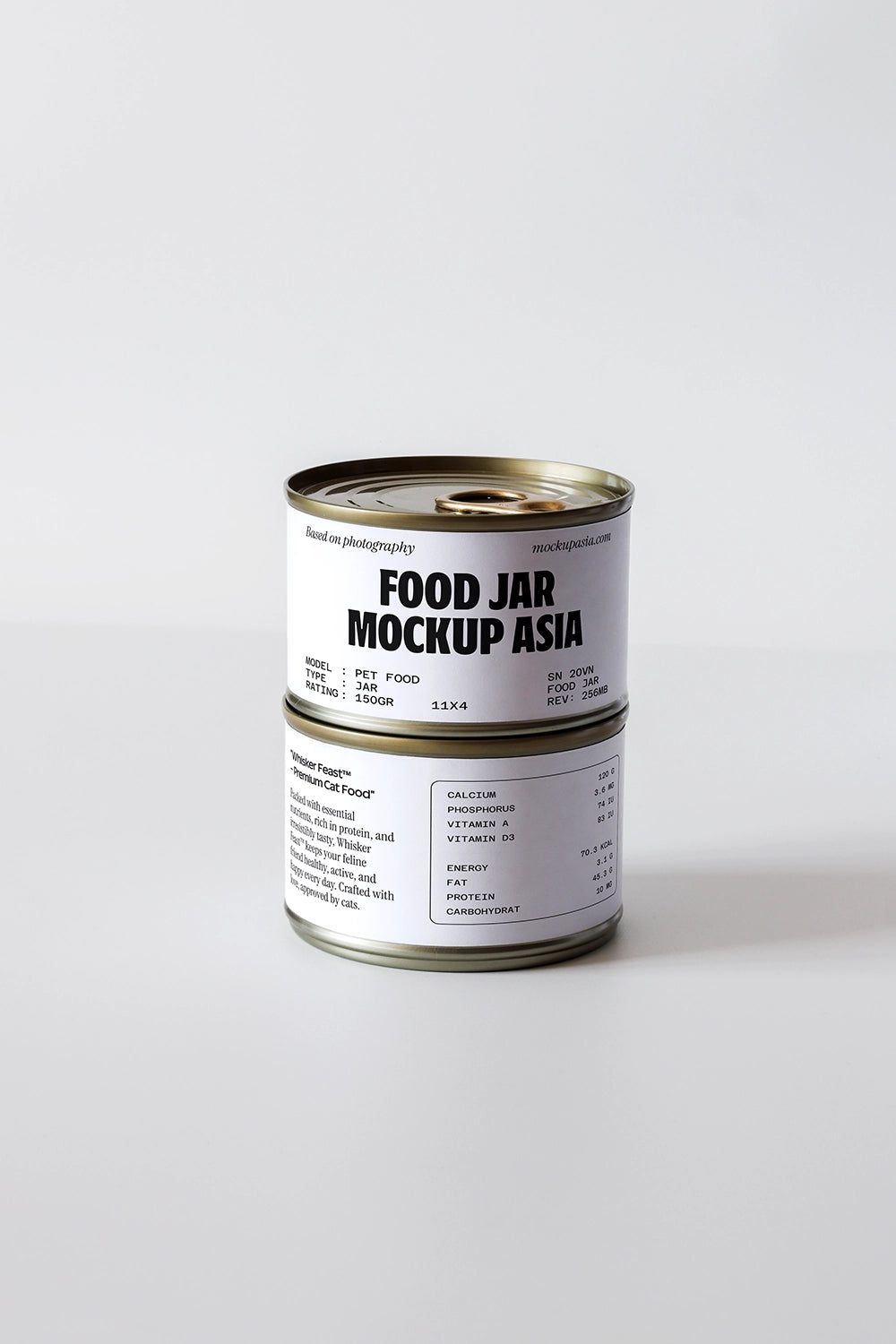 stacked food jar mockup with two metal cans and minimal clean background
