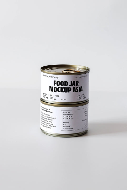 stacked food jar mockup with two metal cans and minimal clean background
