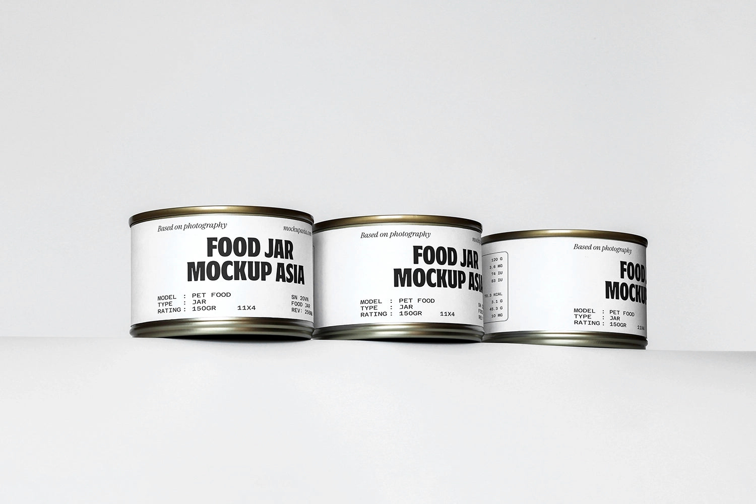 food jar mockup set with three cans aligned on clean minimal background
