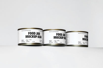 food jar mockup set with three cans aligned on clean minimal background