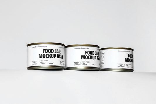 food jar mockup set with three cans aligned on clean minimal background