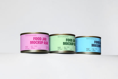 realistic canned food jar mockup with multiple tins and soft studio lighting