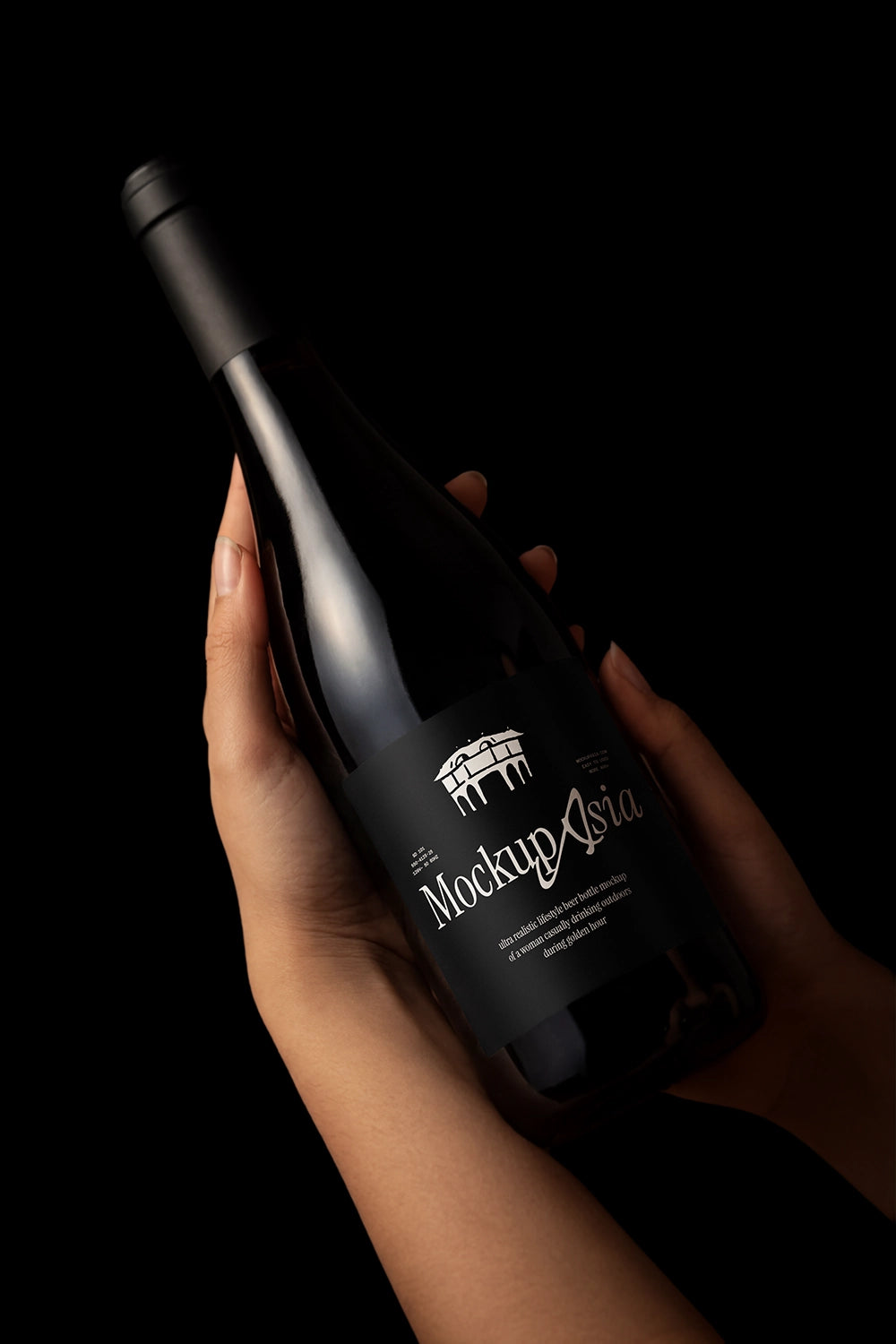 Editable packaging label mockup on dark glass bottle with clean background