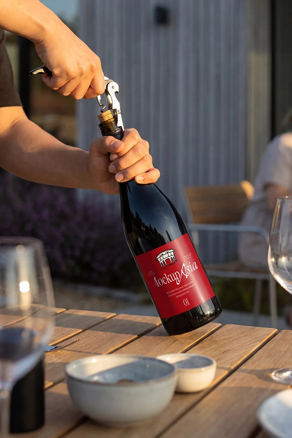 Glass Bottle Mockup – Uncorking, Outdoor Dining SW04 – Mockup.Asia