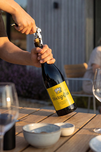 Premium bottle label mockup showing authentic product interaction
