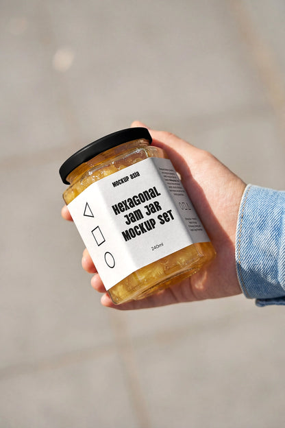 Hexagon jam jar mockup held in hand with editable packaging label