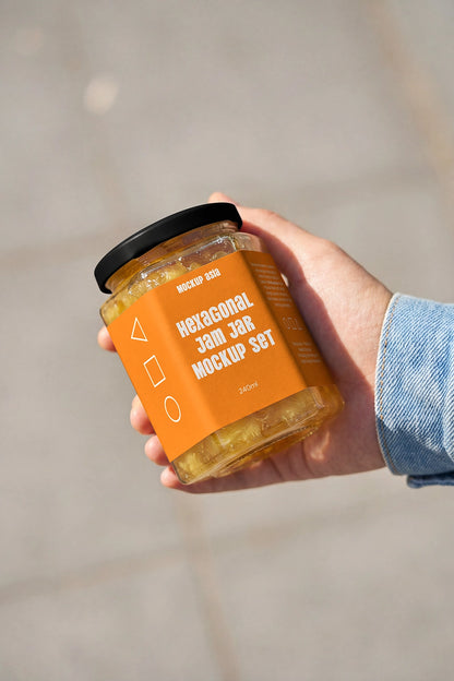 Hand holding hexagonal food jar mockup with natural lighting