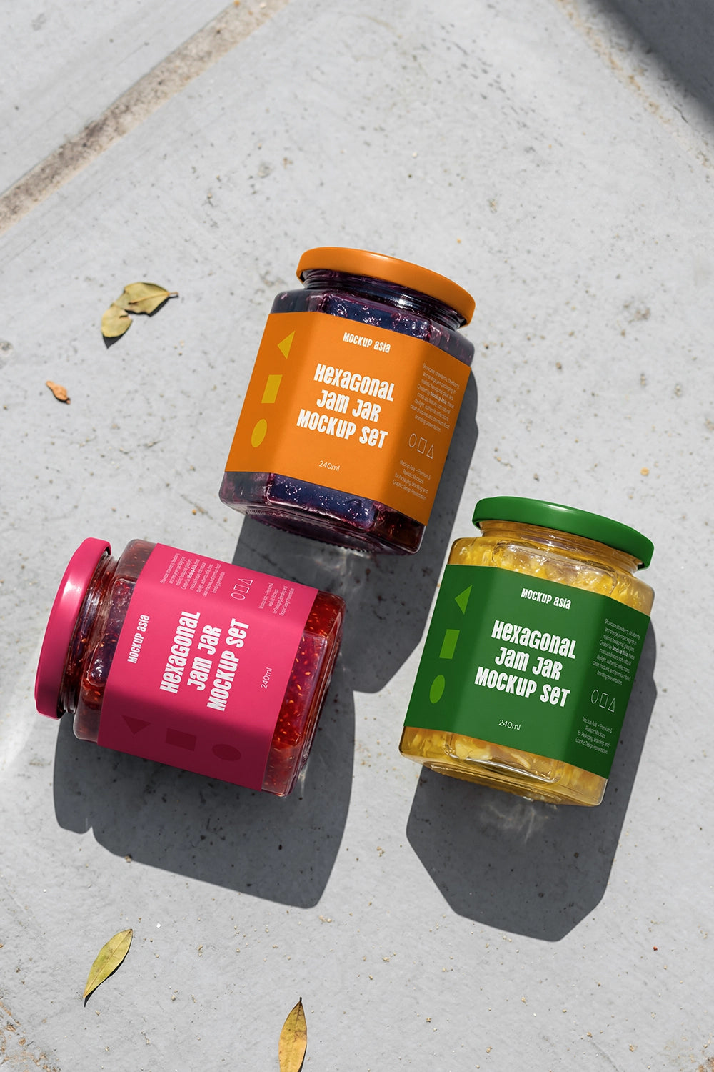 Hexagonal glass jar mockup set with editable branding labels