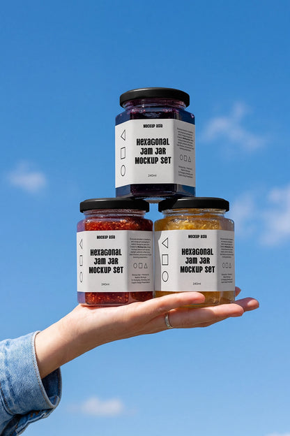 Three hexagon jam jars mockup set displayed in hand against blue sky