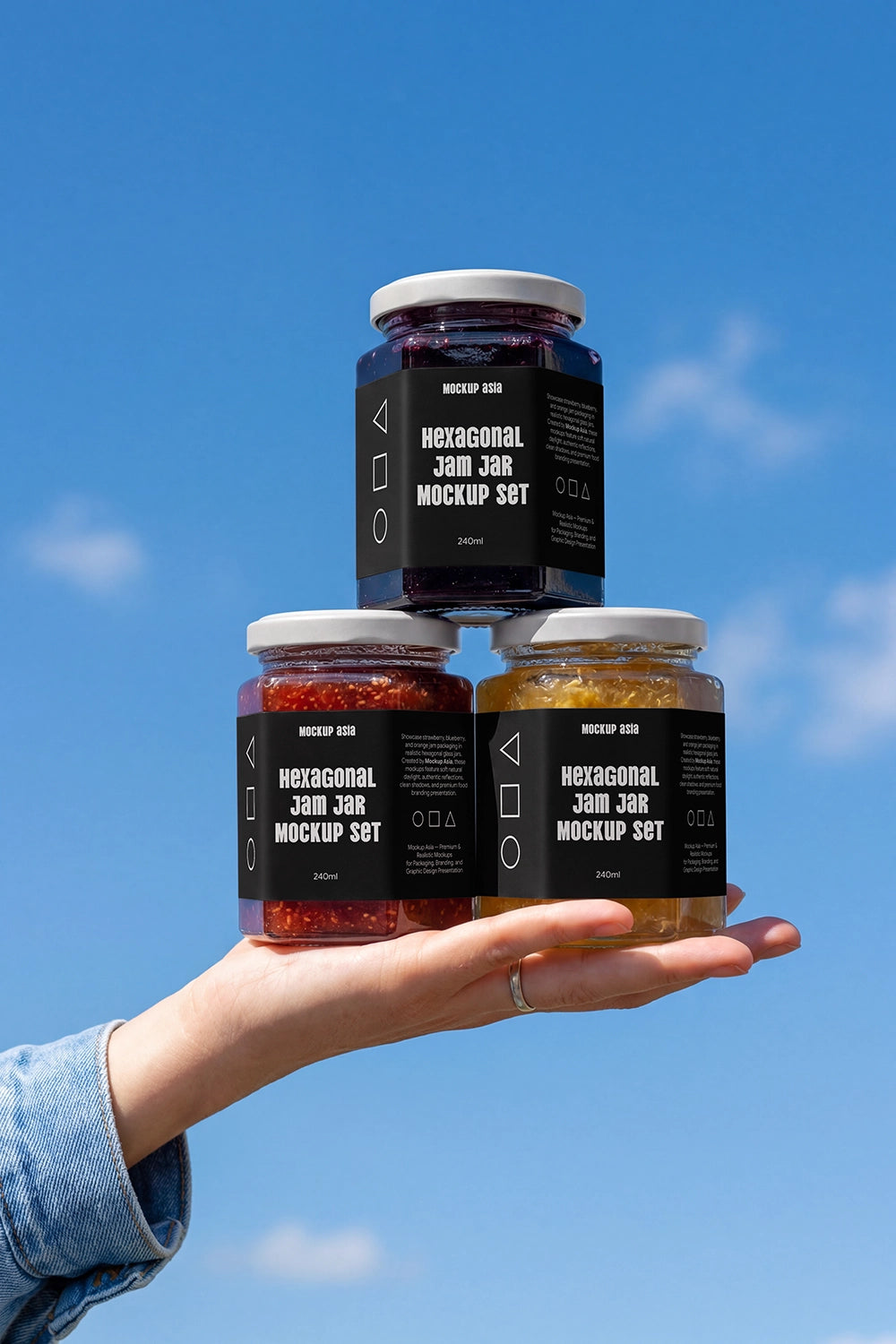 Realistic glass preserve jar collection mockup with editable labels