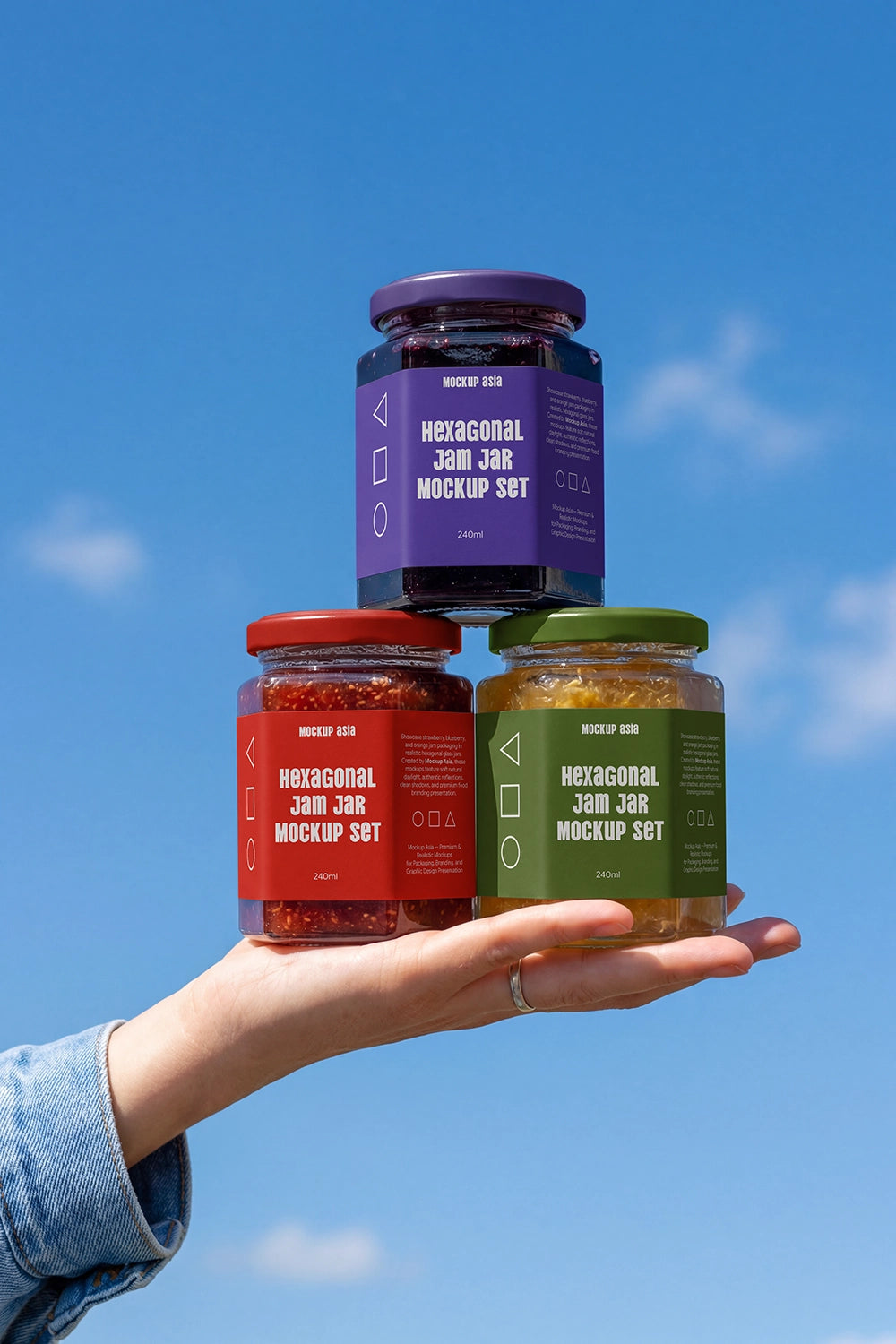 Hexagonal food jar packaging mockup featuring multiple product variants