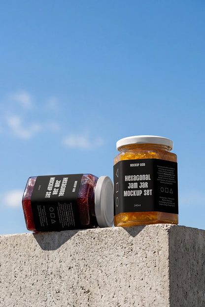 Realistic glass preserve jar mockup with editable packaging labels