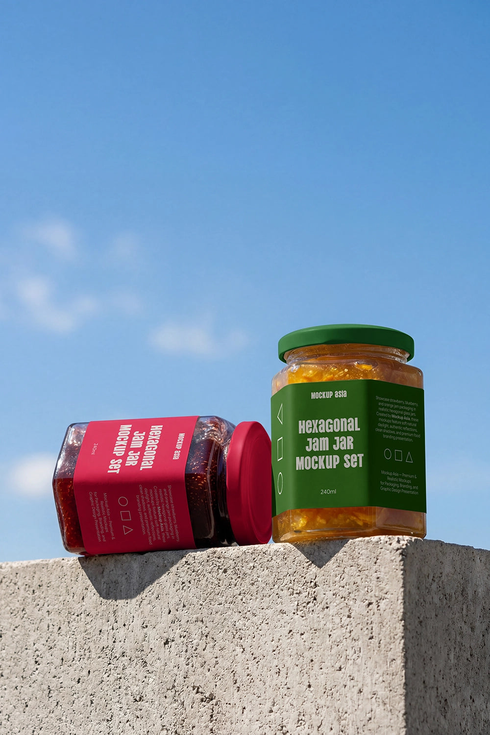 Hexagonal honey jar branding mockup featuring outdoor lifestyle scene