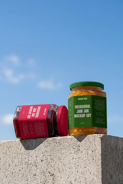 Hexagonal honey jar branding mockup featuring outdoor lifestyle scene