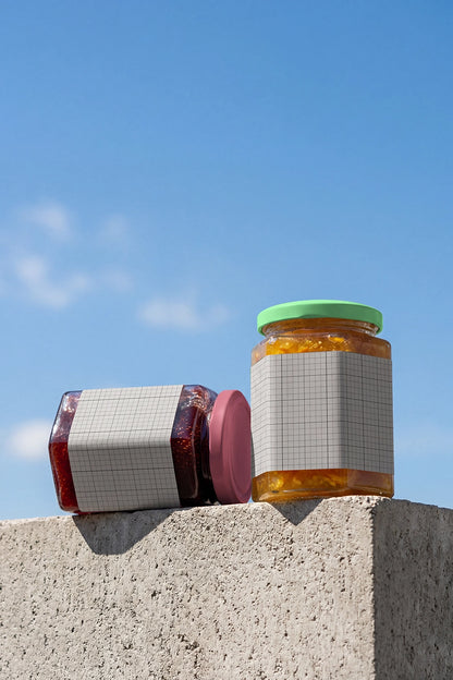 Gourmet food packaging mockup with standing and horizontal glass jars