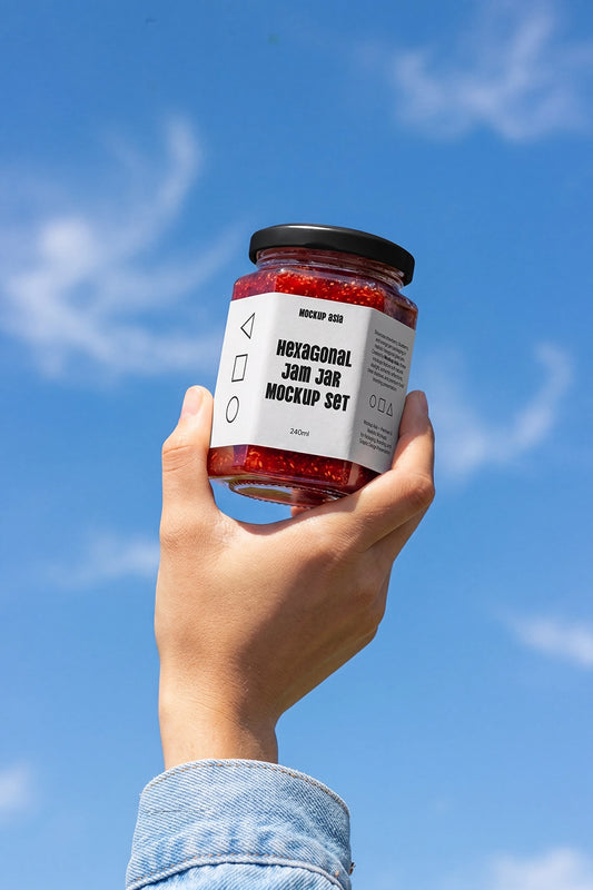 Hand holding hexagon jam jar mockup against blue sky background