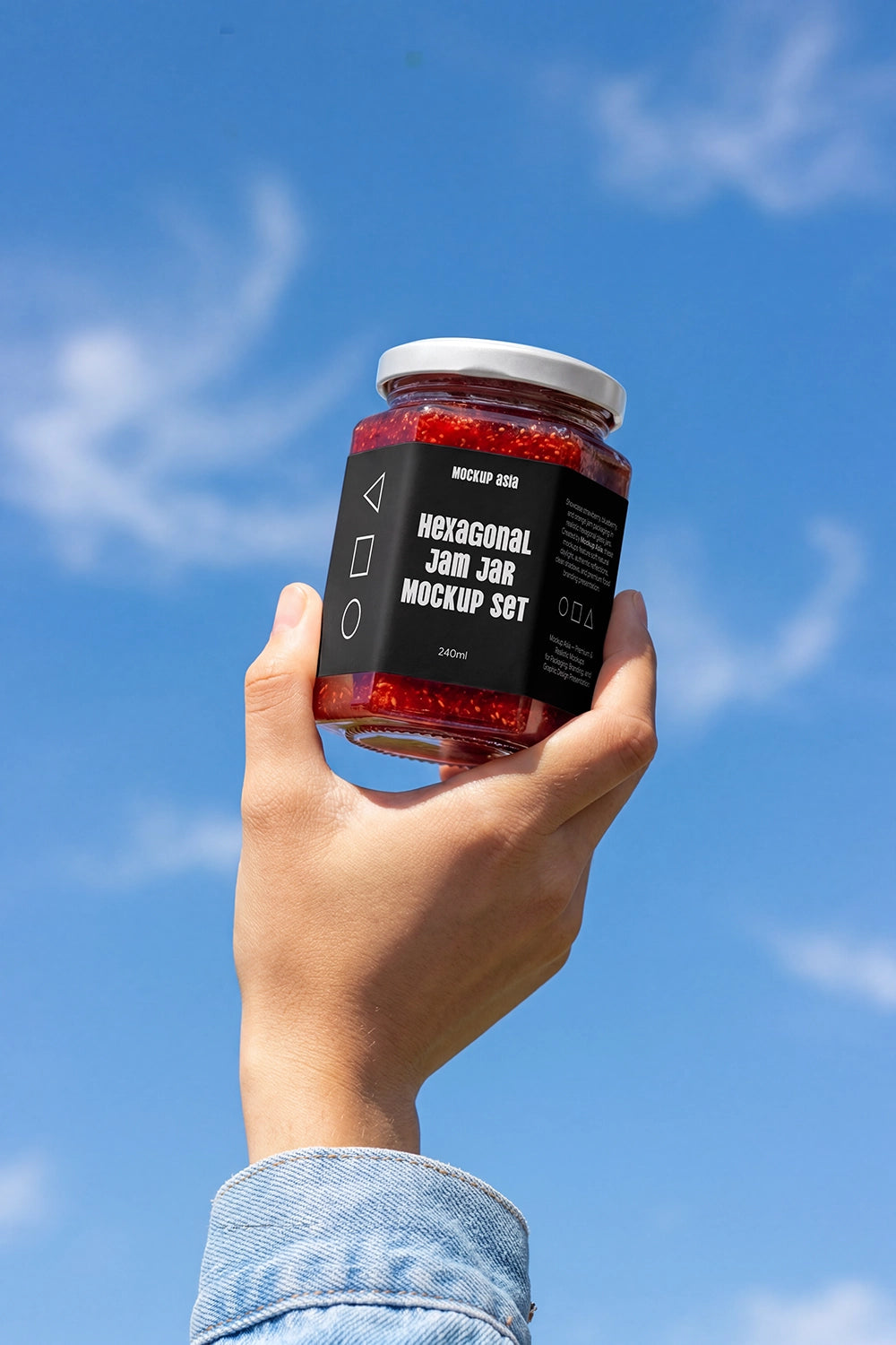 Hexagon-shaped jam jar label mockup from Mockup.Asia, featuring a clear hexagon jar with a label for jam or preserves.