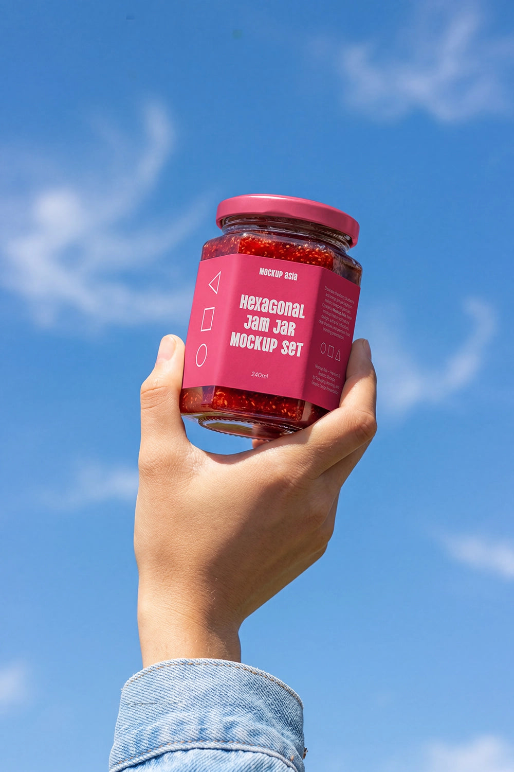 Hexagon-shaped jam jar label mockup by Mockup.Asia featuring a clear glass jar with a hexagonal design.