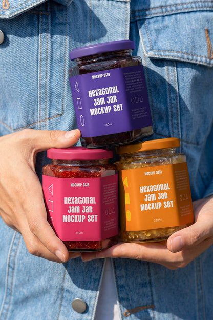 Hexagonal honey and jam jar mockup collection with outdoor lighting
